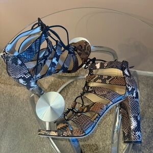 Vince Camuto Snake Print Lace-Up Heels